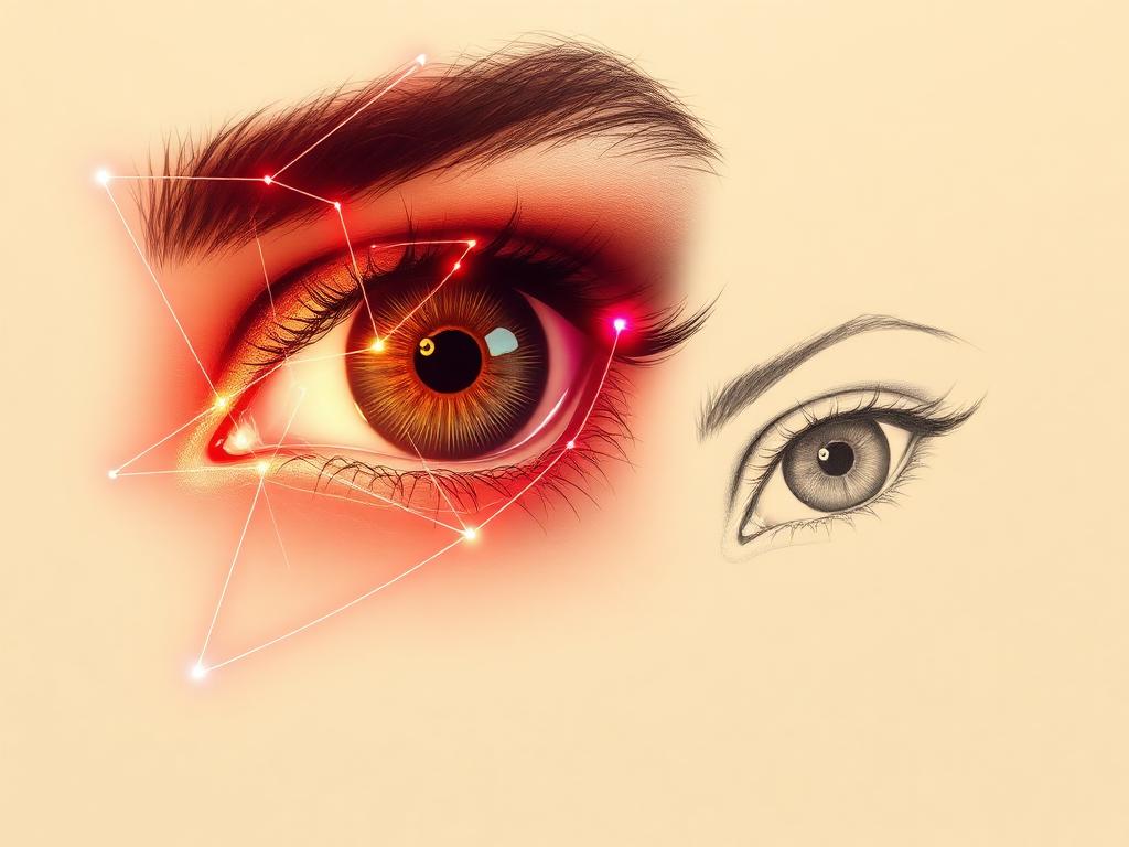 An eye overlaid with observation guide lines beside a finished pencil drawing