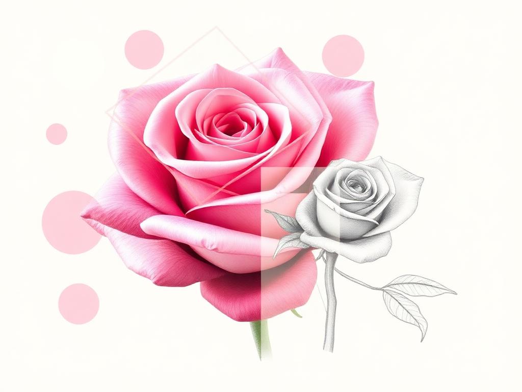 A rose broken down into simple shapes and angles beside its pencil sketch