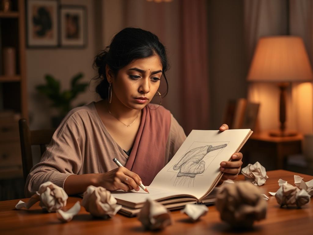 Woman frustrated with her drawing attempt, crumpled paper around her