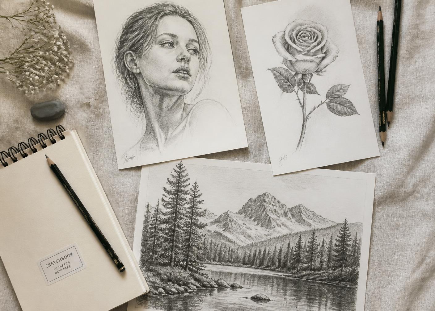 Pencil sketches by Rinkal Patel: portrait, rose and landscape