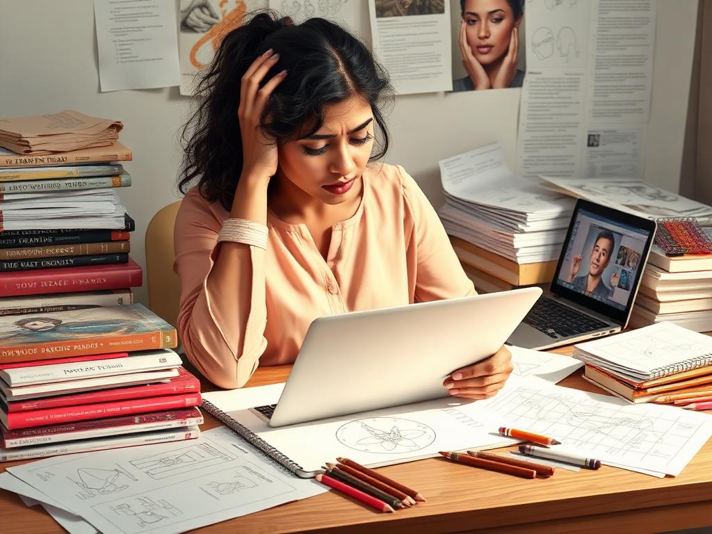 Woman overwhelmed by drawing books, YouTube tutorials and worksheets